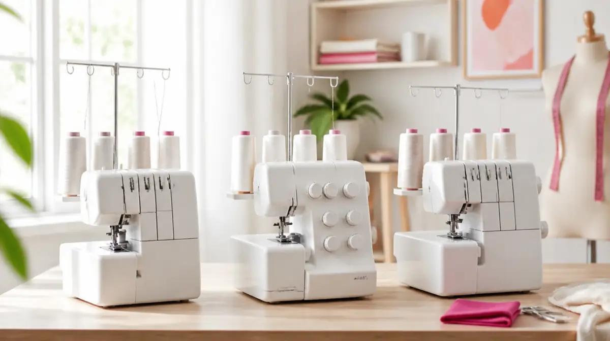 Three beginner sergers side by side on a sewing table