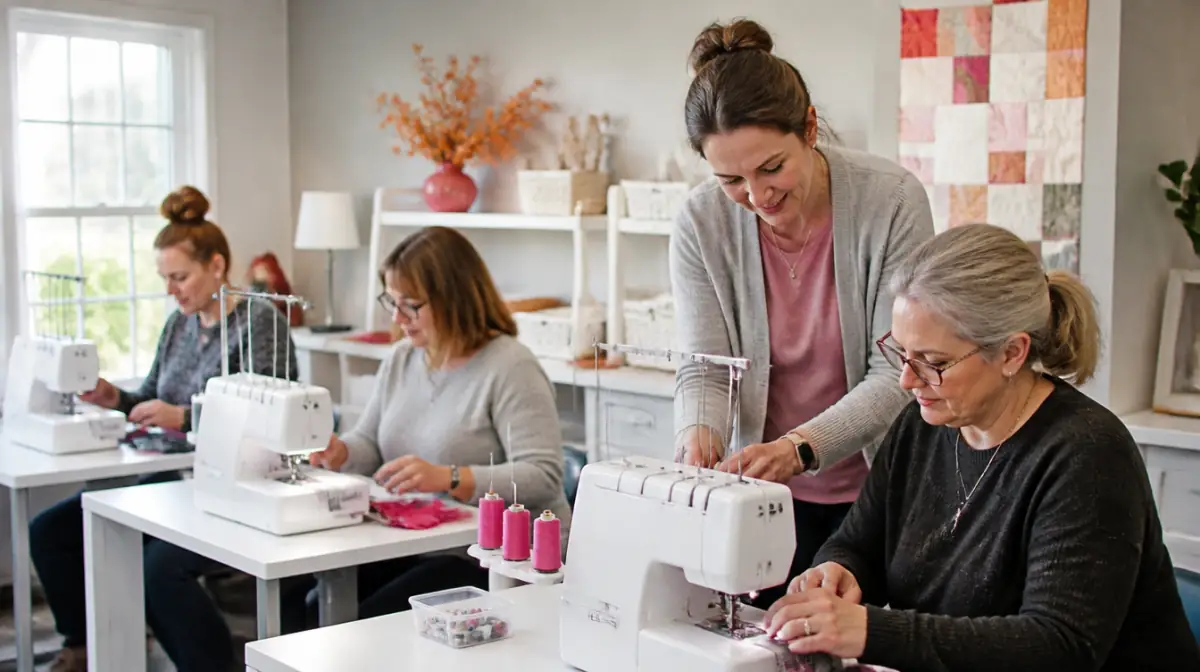 Small in-person sewing class around a table