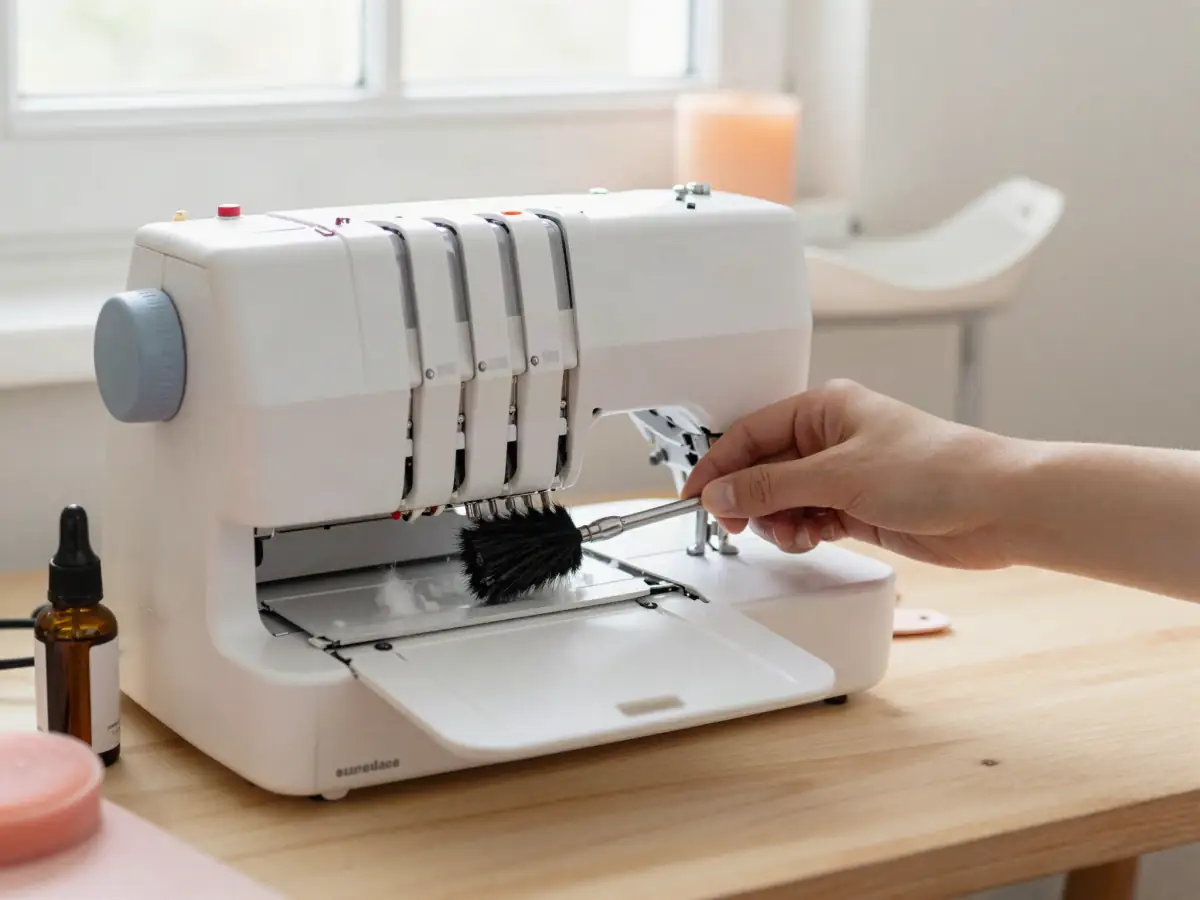 Lint brush cleaning the inside of a serger