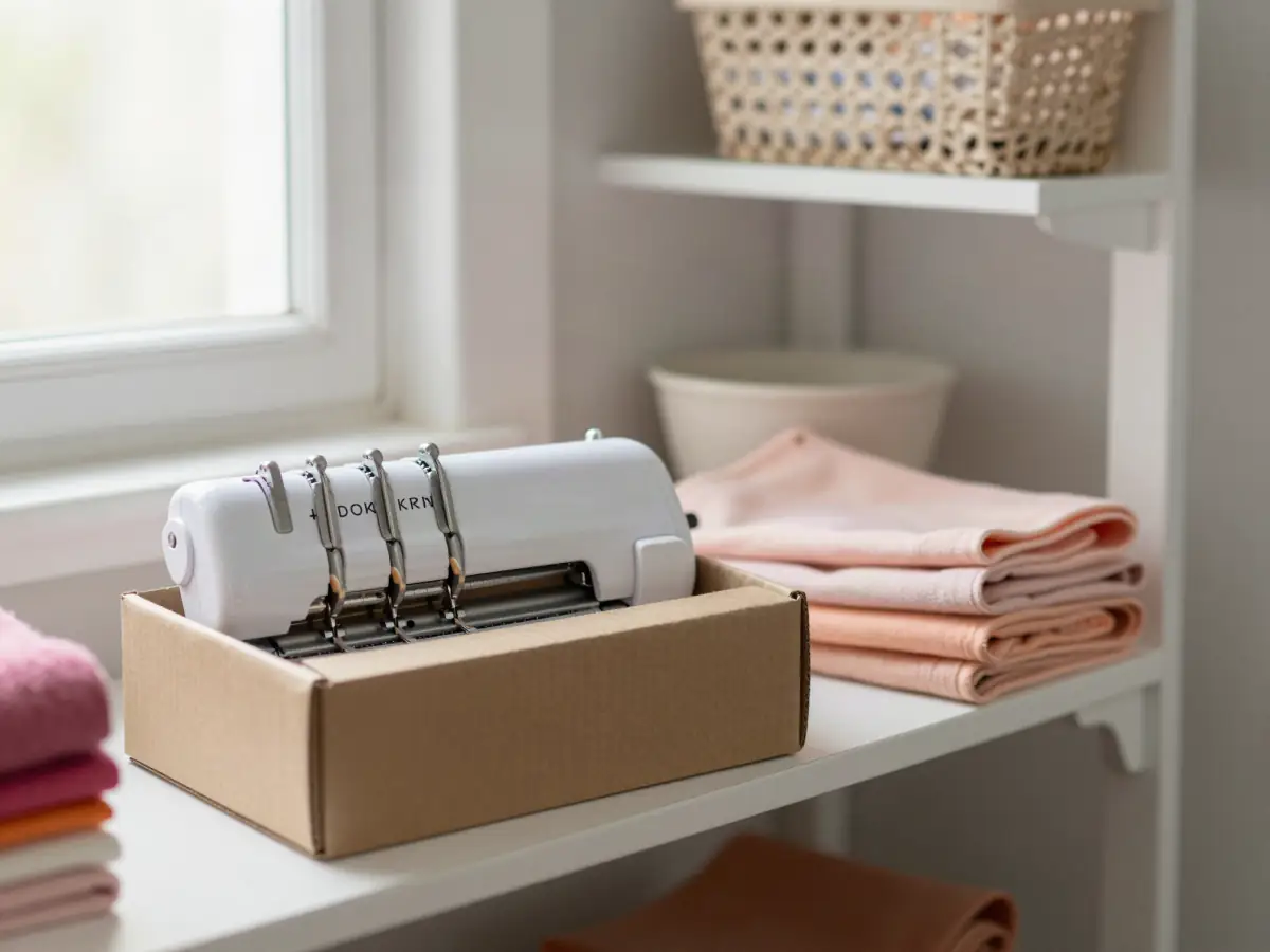 Serger still in its box on a closet shelf