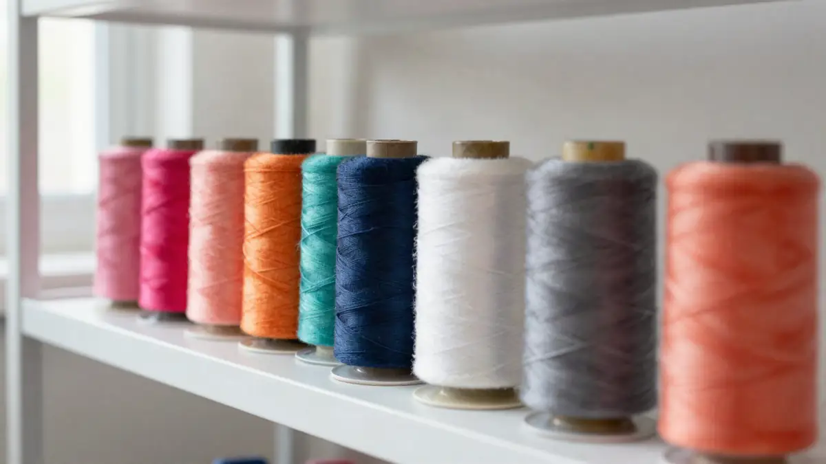 Row of colorful serger thread cones