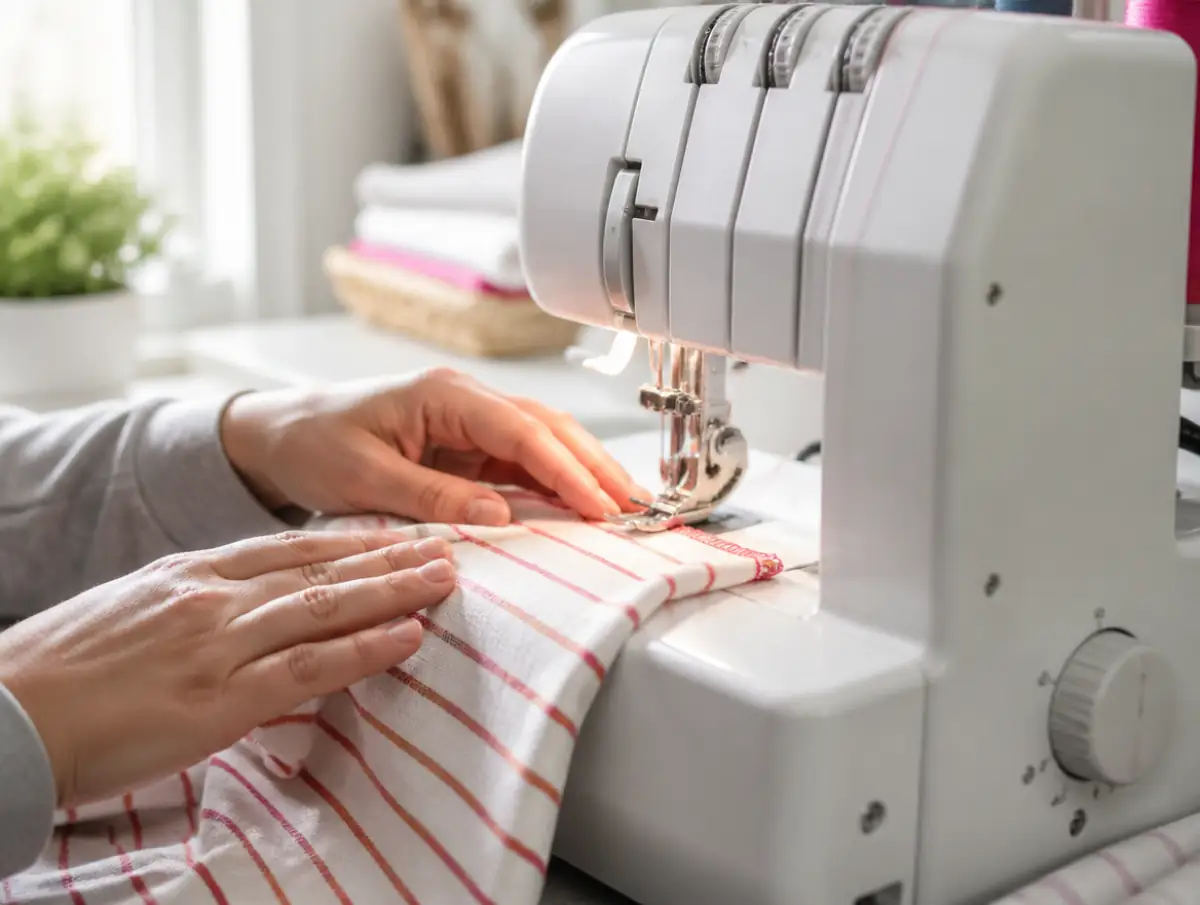 Knit fabric feeding under a serger presser foot
