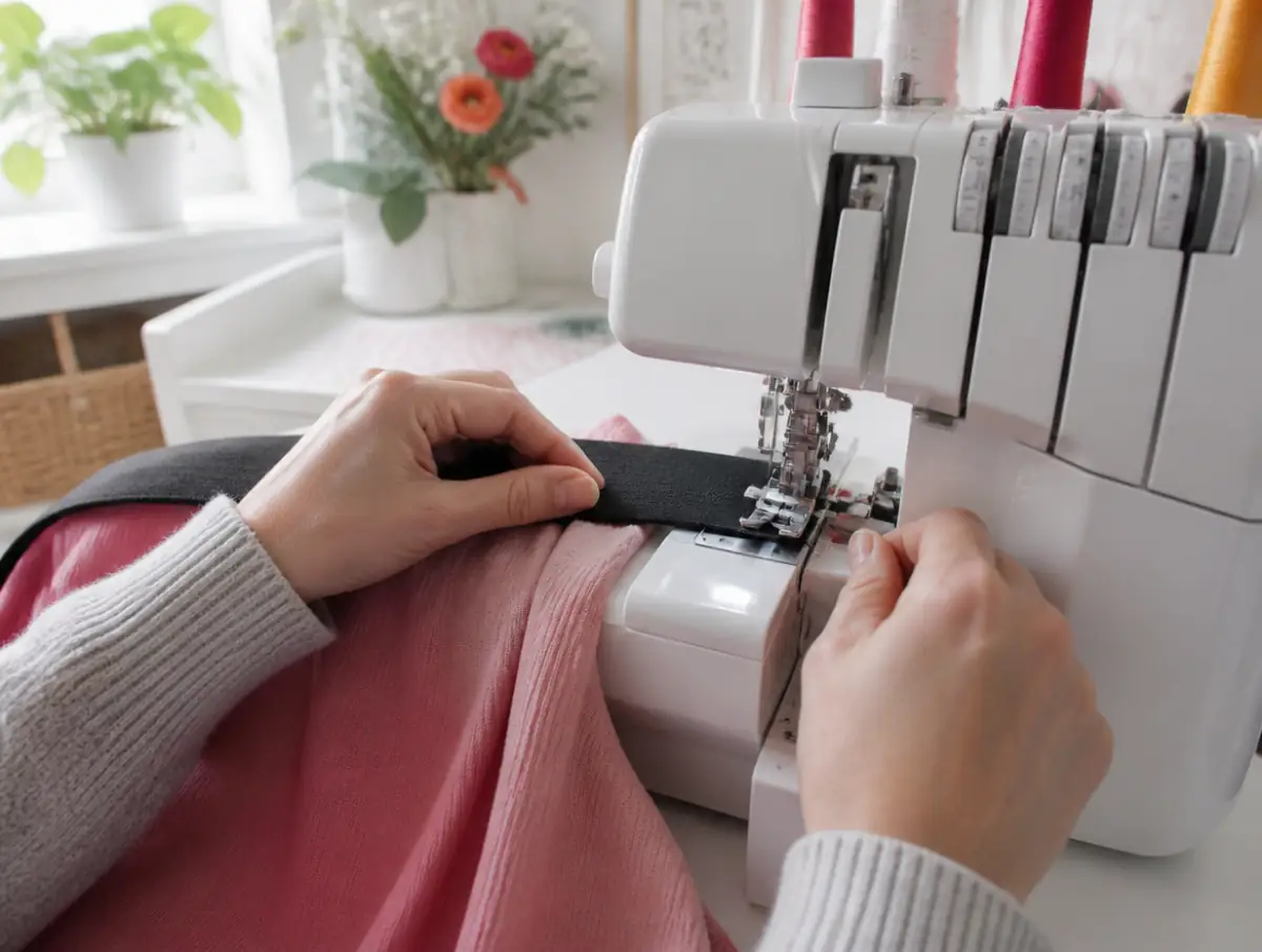 Elastic waistband being serged