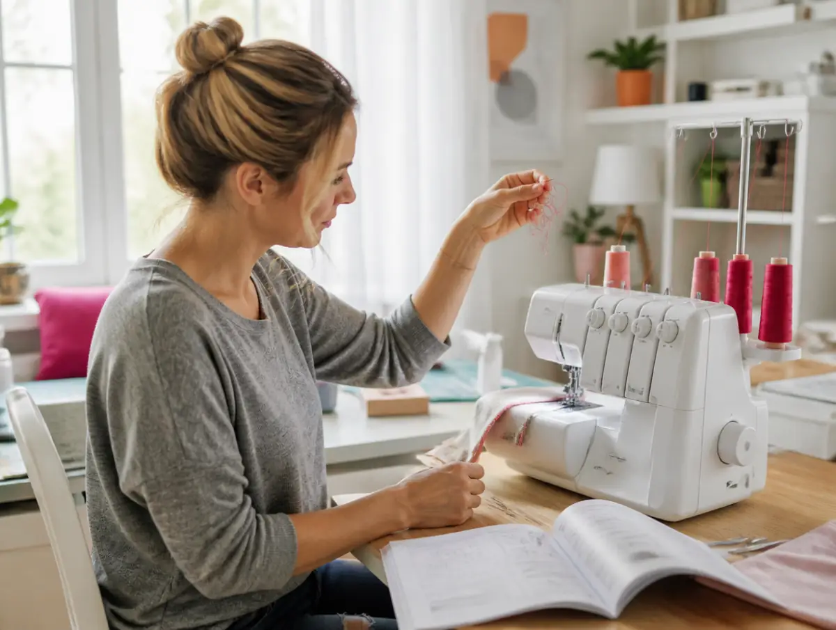 A sewist at a serger with tangled thread, seen from the side