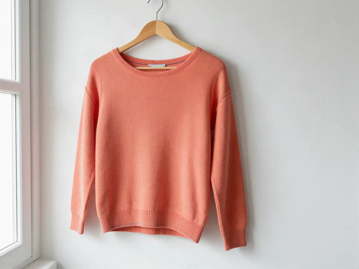 Finished knit top with neat serged seams on a hanger
