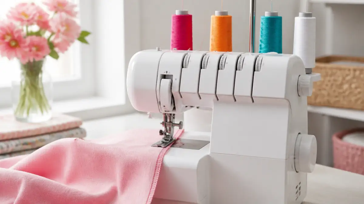 Serger with colorful thread cones in a bright sewing room
