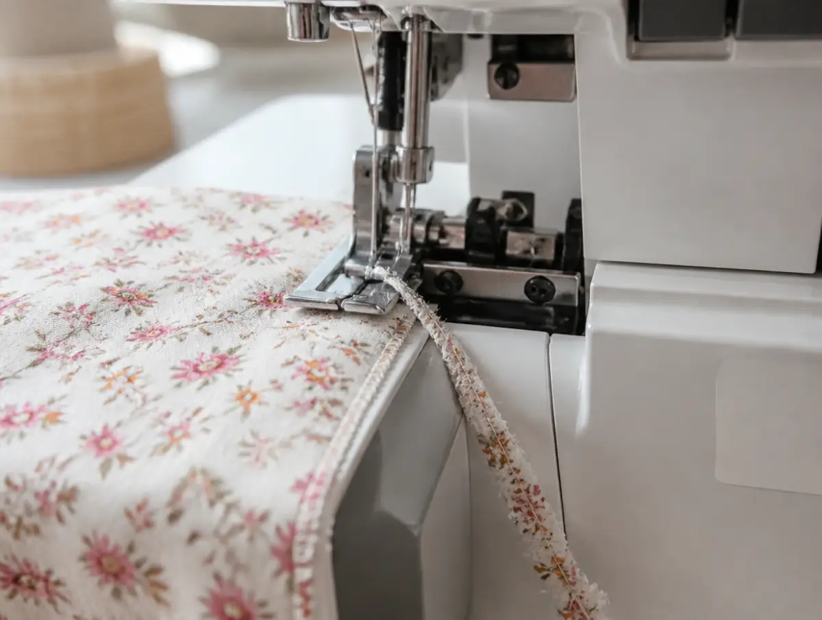 Serger cutting knife trimming a fabric edge