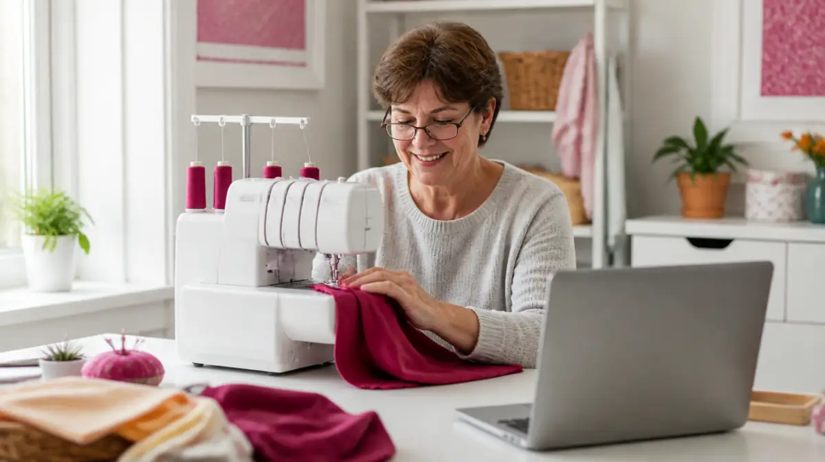 Woman in her 50s at a serger following a video lesson on a laptop