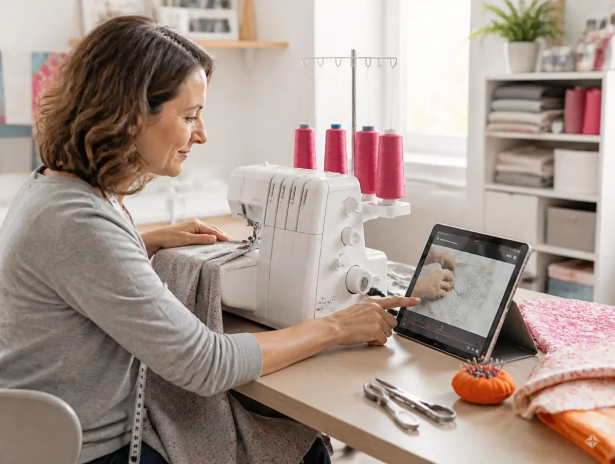 Woman with a tablet propped next to her serger