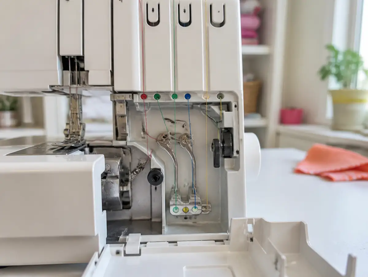 Open serger looper door showing color-coded thread paths