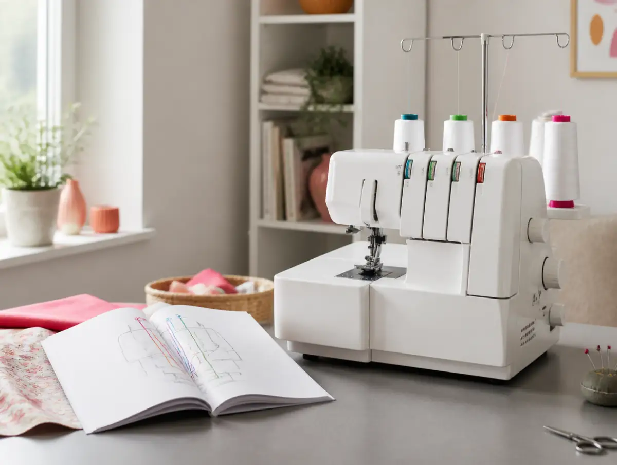 Serger manual open at the threading diagram next to the machine