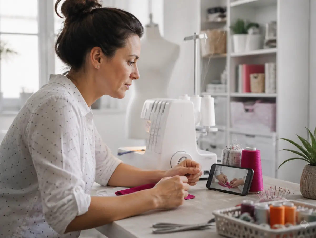Woman watching a free sewing video on her phone at a sewing table