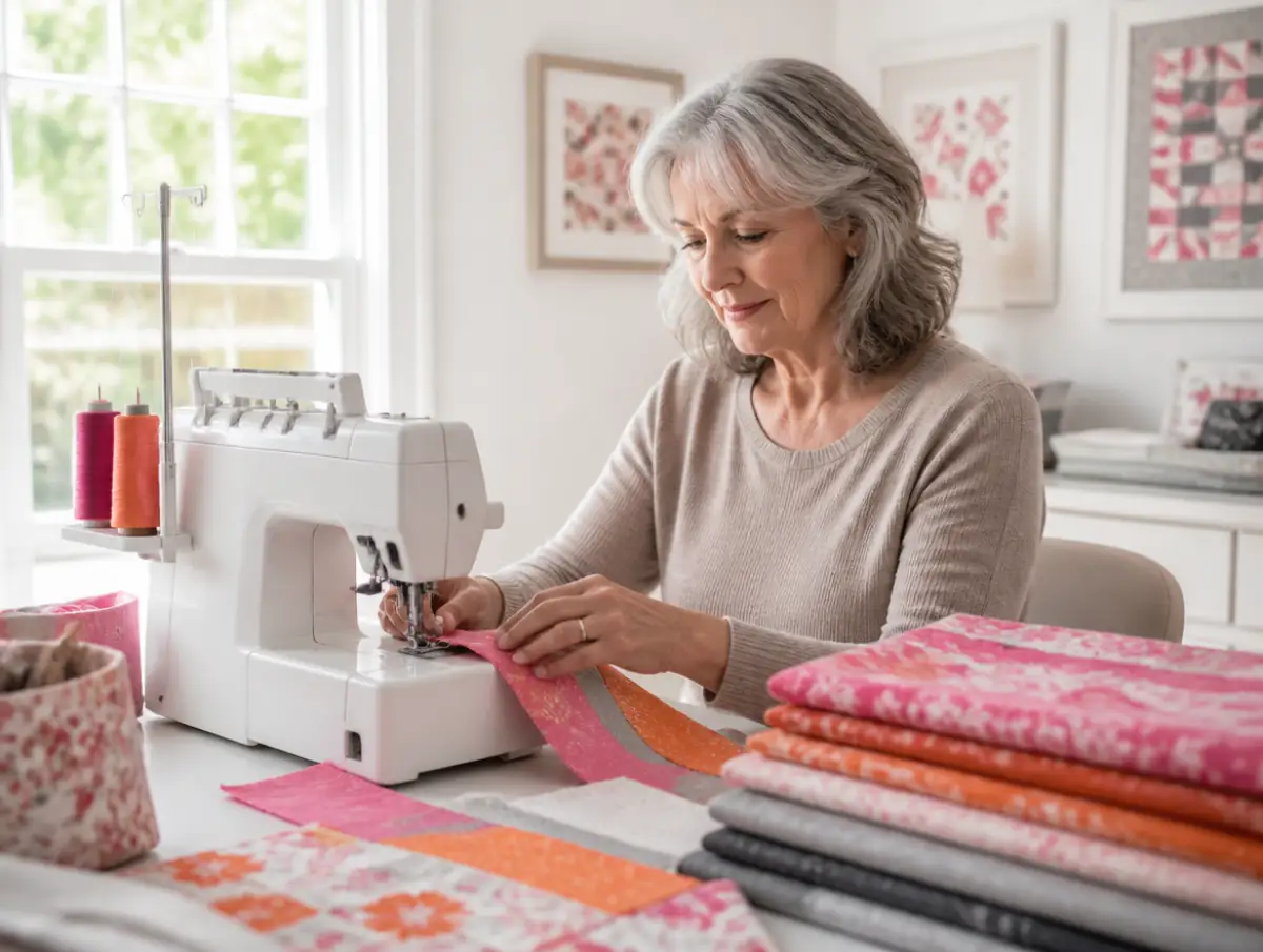 Quilter using a serger on fabric strips