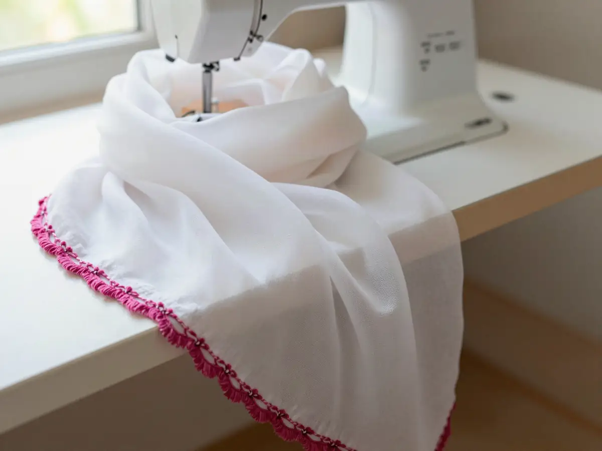 Rolled hem on the edge of a chiffon scarf