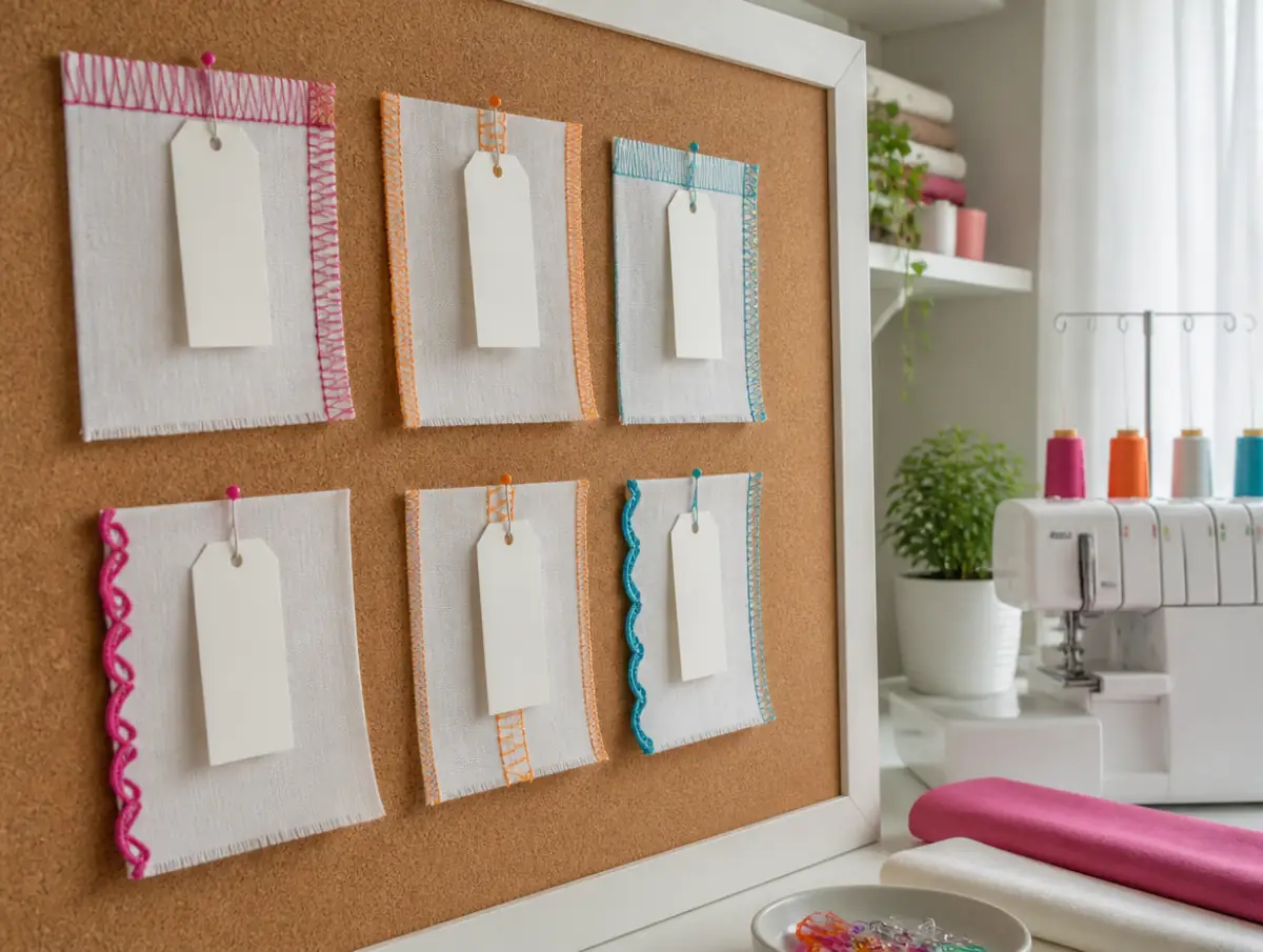 Fabric swatches with different serger stitches pinned to a board