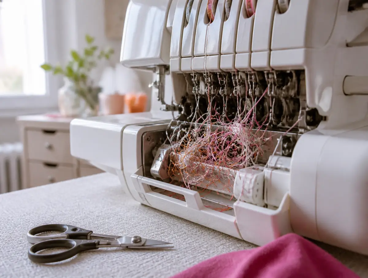 Tangled serger threads around the presser foot