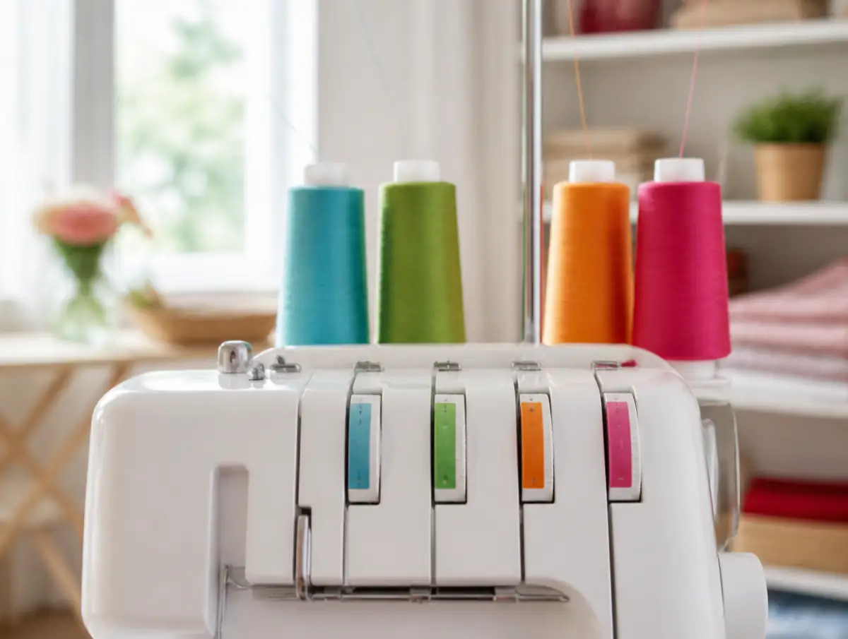 Close-up of serger tension dials with colored threads