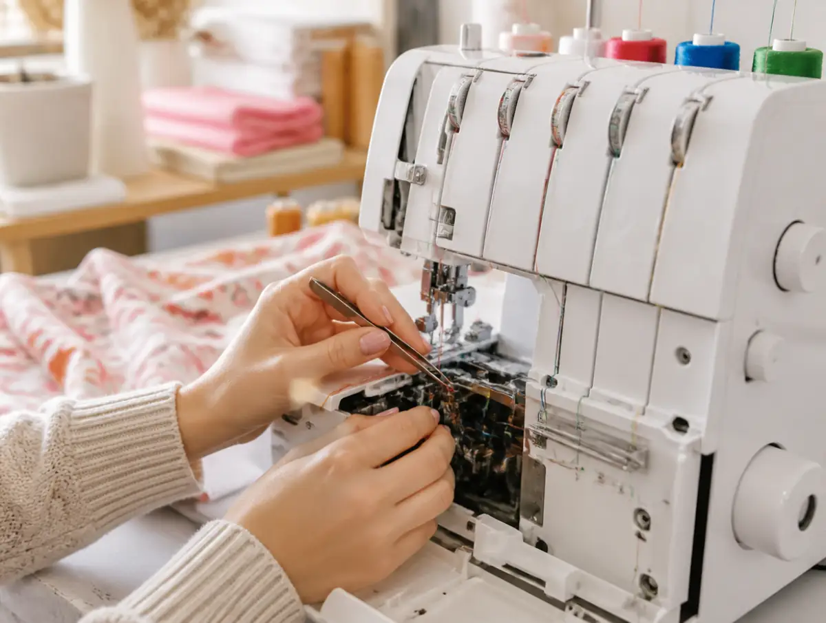 Hands threading a serger looper with colored threads