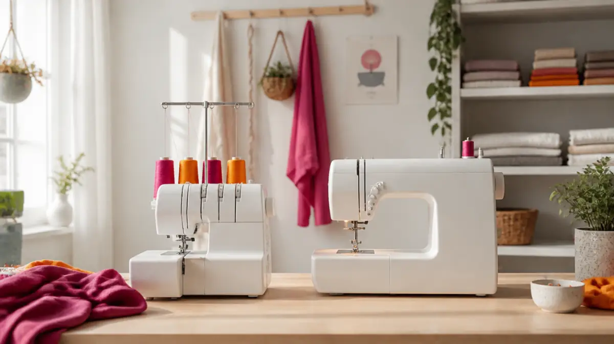 A serger next to a regular sewing machine on a sewing table